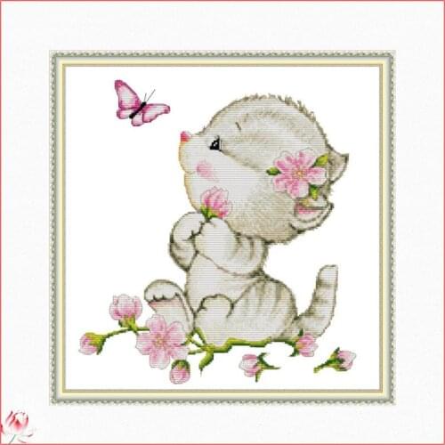 The Cat and The Butterfly DA390 14CT 11CT Counted and Stamped Cute Animal Home Decor Needlework Embroidery Cross Stitch kits