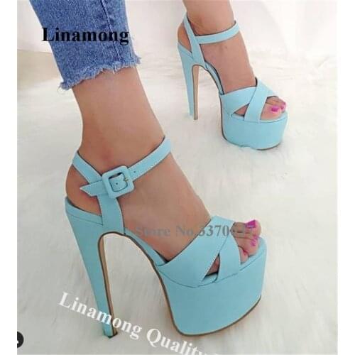 Linamong Sexy Sky Platform Heels Open Toe Blue Stiletto Heel Sandals Ankle Strap Buckles High Heel Sandals Club Dress Heels