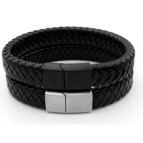 Men 12MM Wide Black Braided Genuine Leather Bracelet Never Fade 316l Stainless steel Square Magnet Clasp Bangles Fashion Jewelry