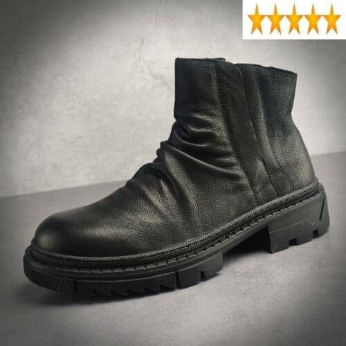 Genuine Autumn Shoes Fashion Mens Leather Chelsea Designer Pleated Retro Motorcycle 2021 Winter Fleece Short Boots