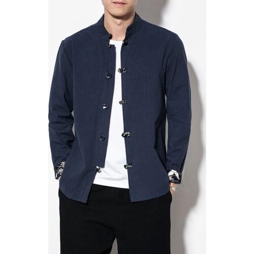 2021 New Chinese Style Mens Tops Tang Suit Cotton Linen Long Sleeve Solid Traditional Kung Fu China Style Hanfu Shirt KK3478