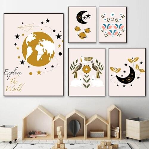 Pink Modern Children Cloud Star Moon Art Picture Poster Bird Rabbit Peace Picture Wall Stick Flower Leaf Wall Decor Kids Room