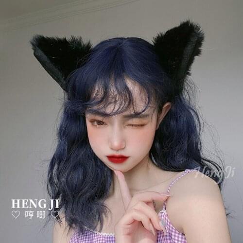 Mixed Navy Blue Kawaii Lolita Wig Harajuku 40cm Long Kinky Curly Hair Chic Girls Women Princess Halloween Cosplay Daily Wear