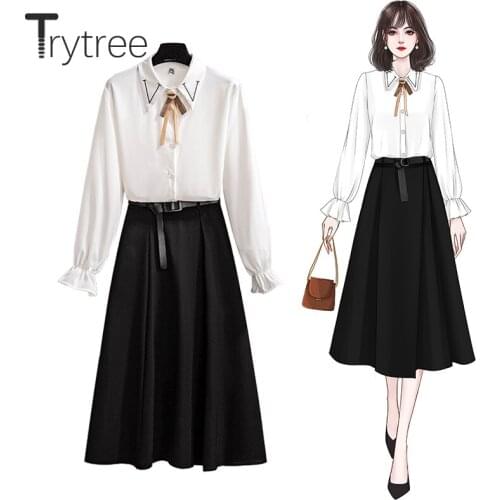Trytree 2021 Spring Summer Two piece Women Set Casual Bow White Shirt + Elastic Waist Belt A-line Skirt Office Lady 2 Piece Suit