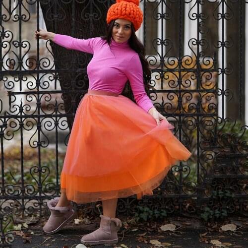 Colorful Orange And Pink A-line Tulle Skirts Women Fashion Mix Color Ankle Length Tulle Skirt Elastic Saias 2010