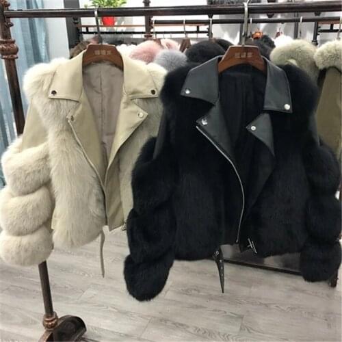 2021 Motocycle Style Women Faux Fur Coat With Fox Fur Autumn Winter Zipper Pu Leather Stitching Warm Jacket Thick Short Overcoat