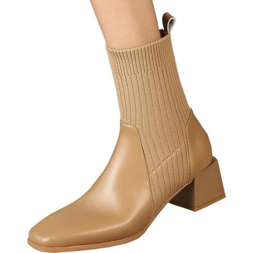 Genuine Leather Stitching Flying Knitting Woolen Thread Ladies Ankle Boots First Layer Cowhide Fabric Sleeve Fashion Boots