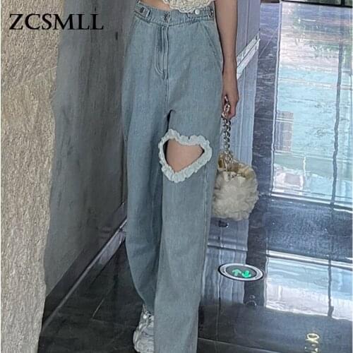 ZCSMLL Plus Size Womens High Waist Ripped Jeans Women Summer 2021 New Straight Loose Women Denim Wide-leg Pants Trend