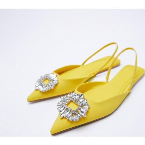 2021 Summer Flats Sandals Women Pointed Toe Silk Crystal Back Strap Muller Sandals Diamond Yellow Sandalias Mujer Flat Shoes