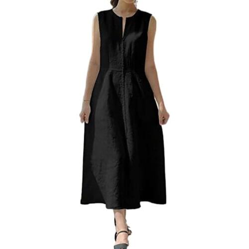 2021 Womens Sleeveless Loose Solid Color V-neck Long Dress Vestido De Mujer