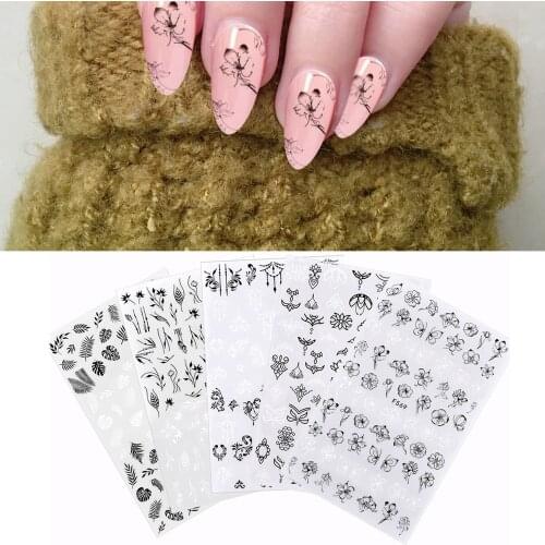 1 Sheet Black and White Style Nail Art Decoration Transfer Sticker Flower Leave Geometry Series Nail Adhesive Decals Accessories