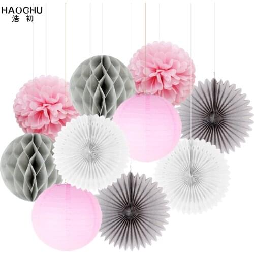 10pcs/lot Mix Paper Hanging Ball Craft Decor Set Round China Paper Lantern/Flower/Fan For Birthday Wedding Party Decoration Gift