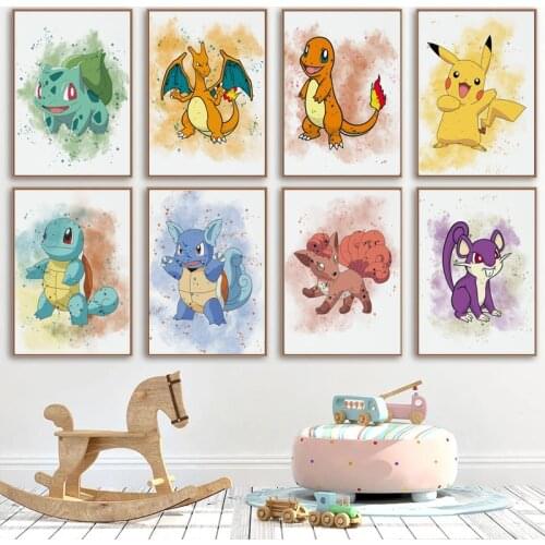Watercolor Pokemon Pikachu Wall Art Canvas Painting Nordic Posters and Prints Nursery Wall Pictures Kids Room Decor Gift