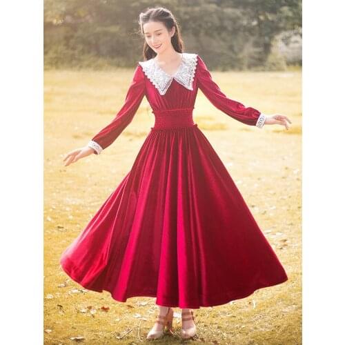 Free Shipping New Boshow Autumn Vintage Velvet One-piece Long Maxi Long Lantern Sleeve Dress Elastic High Waist Turn Down Collar
