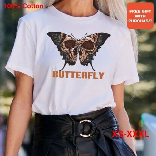 BLINGPAW Minimalist Women Graphics T-shirt Skull Butterfly Print Short-sleeved Tops Tees O-Neck Casual 100% Cotton Streetwear