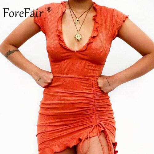 Forefair Ribbed Summer Dress Short Sleeve Mini Bodycon Party Outfits V Neck Ruffle Drawstring Ruched Knit Beach Women Dress