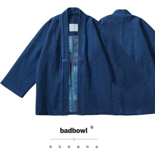 BADBOWL Japanese Casual INDIGO Plant Blue Dyeing Road Robe Heavy Kendo Fabric Retro Kimono Jacket Mens Flanel lhamo Jackets