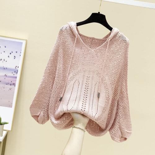 2021 Early Spring Hooded Jacket Hollow Sleeve Womens Thin Knitwear Loose Spring New Bat Sleeve blouse Tide