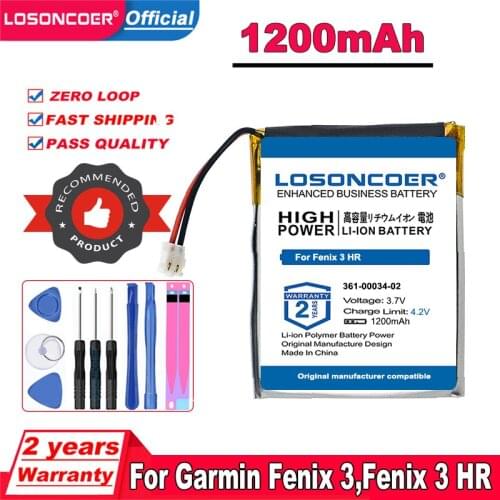 LOSONCOER 800mAh 361-00034-02 For Garmin Fenix 3,Fenix 3 HR GPS sports watch FLPB342735-P1 Replacement Battery