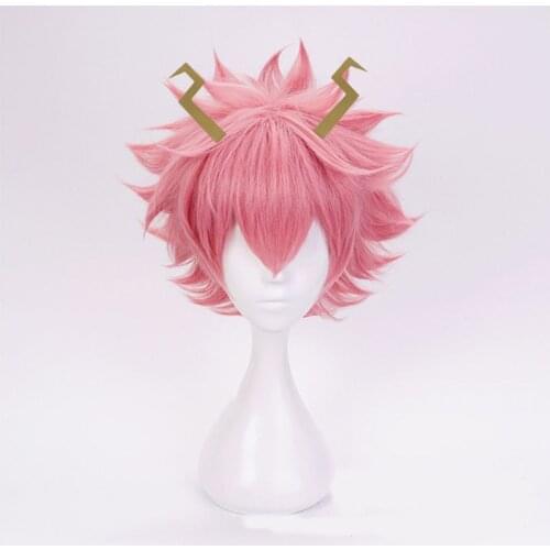 MeetLife Mina Ashido Wig With Horn Hair Clip Anime Boku No Hero My Hero Academia Cosplay Wig Short Curly Wig