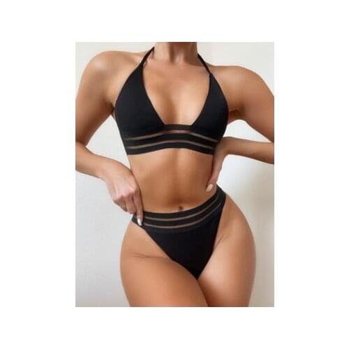 New Sexy Halter Ribbed Female Swimsuit High Waist Bikini Women Swimwear Two-pieces Bikini set Bather Bathing Suit Swim V3064