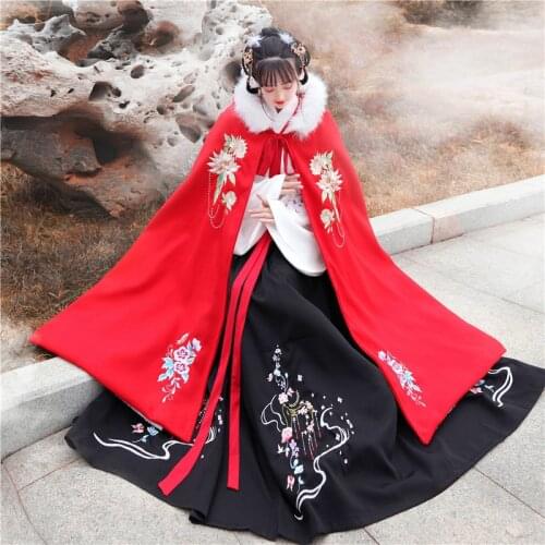 Original Hanfu WomenS Cloak With Embroidery Ming-Made Fur Collar Warm Coat Autumn And Winter Daily Cloak Hanfu Dress SL4367