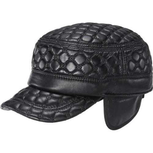 Autumn Winter Genuine Leather Baseball Cap Men Plaid Sheepskin Dad Hat Keep Warm Ear Protection Earmuffs Falt Hats For Men