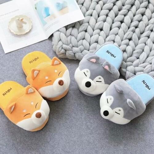 Couple Cartoon Cute Husky Shiba Home Winter Warm Non-Slip Indoor Fluffy Floor Shoes Womens Fashion Plush Cotton Slippers 2020