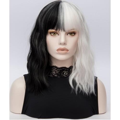 CRUELLA De Vil Cosplay Wigs Deville Curly Half White Half Black Heat Resistant Synthetic Hair Cosplay Wig + Wig Cap