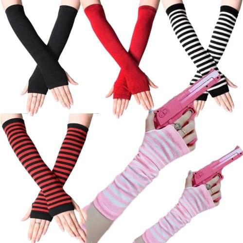 Women Striped Elbow Gloves Fashion Anime Warmer Knitted Long Fingerless Gloves Elbow Mittens Accessories Halloween Sleeves Gift