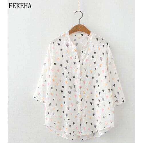 Summer Print Shirts Women Blouses Double Cotton Yarn Lady Tops V Neck Loose Female Clothes