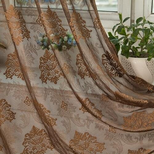 European Style Curtains for Living Dining Room Bedroom Brown Jacquard Breathable Bay Window Tulle Finished Product Customization
