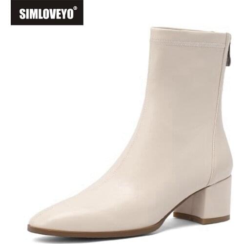 SIMLOVEYO 2021 Autumn Winter Ladies Pumps Cow Leather Scrub Soft Ankle Boots Round Toe Square Heel Zip Women Shoes Size 40 S2380