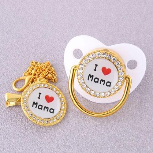 Luxury I Love MaMa Bling Bling Pacifier with Chain Clips Newborn Infant Food Grade Silicone Dummy Nipples For Baby Shower Gift