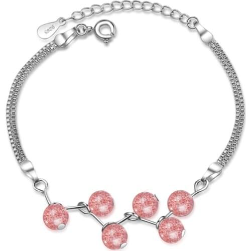 Student style pink natural strawberry crystal lightning simple personality temperament wild silver plated bracelets JO011