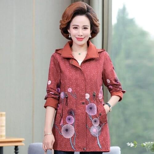 Middle-aged and Elderly Womens Trench Coat 2021 Spring Autumn Coat Mid-Long Hooded Printing Casual Large Size Outwear
