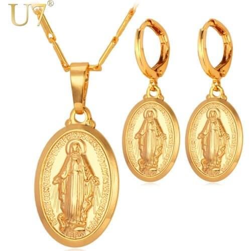 U7 Virgin Mary Jewelry Set Women Bride Wedding Platinum/Rose Gold / Gold Miraculous Medal Necklace & Earrings Sets S619