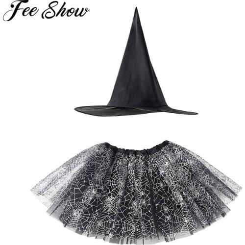Kids Girl Spider Web Tutu Cobweb Skirt Witch Wizard Costume Hat Tulle Carnival Birthday Party Outfit Carnival Fancy Halloween