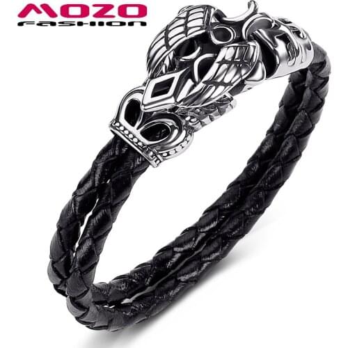 Fashion Men Jewelry Black Double Layer Leather Bracelet Stainless Steel Sword Wings Punk Charm Bangles PS1013