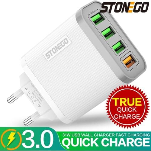 STONEGO 31W Travel Charger Adapter 4-Port USB Wall Charger with QC 3.0 Fast Charing Phone Accessories for Smartphones EU/US Plug