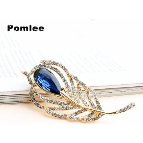 Pomlee Rhinestone Crystal Feather Brooches For Women Lady Fashion Luxury Flower Pin Spring Summer Design 2 Colors Available Gift