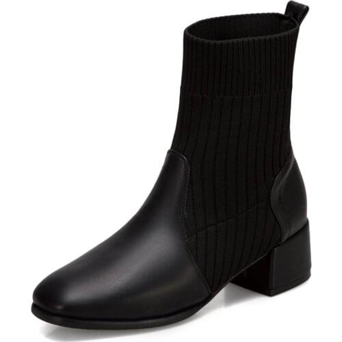 Wool Tube European And American Square Toe Mid-Heel Short Boots Women Thick Heel Square Toe PU Stitching Wool Tube Mid-Calf Boot