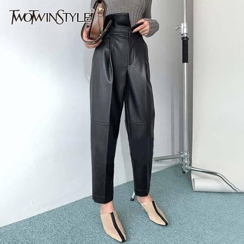 TWOTWINSTYLE PU Leather Harem Pants For Women High Waist Ankle Length Black Casual Trousers Female Fashion New Clothing 2020
