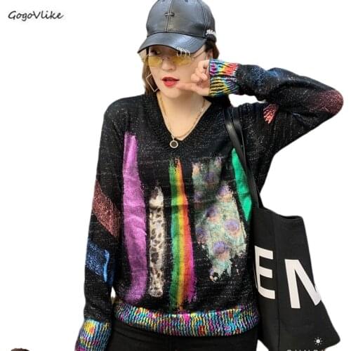 Colorful Gold Print Street wear Letter Printed Long Knitted Wear Tops Women V neck Sweater Plus Size Knitted Pullovers LT963S30