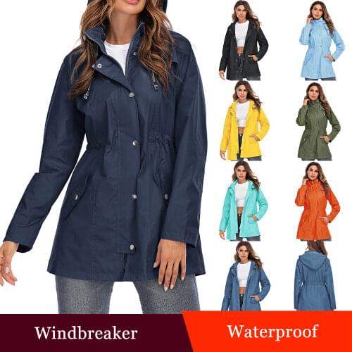 Women Hooded Rainproof Zip Up Raincoat Jacket Womens Autumn Winter Long Trench Coat Blue Yellow Colorful Outerwear Outdoor Coat