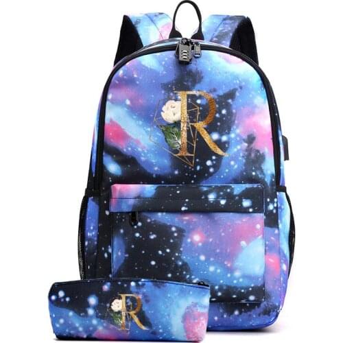 26 English Letters USB Backpack Your Name Teenager School Bag Women USB Travel Rucksack Large Mochila Escolar School 2 Pcs Set