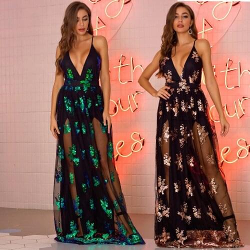 2020 Deep V Neck Lace Summer Vintage Sequin Party Long Dress Lady Elegant Backless Hollow Out Sleeveless Sexy Club Outfits