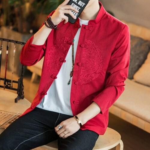 2021 Solid Dragon Embroidery Linen Jacket Men Japanese Streetwear Men Jacket Winter Jackets For Men Brand Coat M-4XL