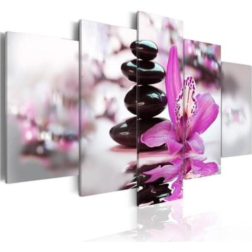 5d square round drill 5 Panels Stone Light Purple Butterfly Orchid Flower diamond painting Abstract Background room decor FS67