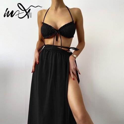 In-X Skirt bikini 2021 Ruffle swimwear female Bandage swimsuit women Solid swimming suit Elegant bathing suit 3 pieces set sexy